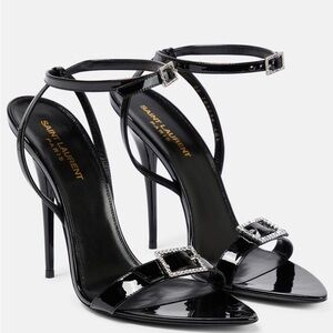 Saint Laurent Black Patent Leather Crystal-Buckle Stiletto Sandals